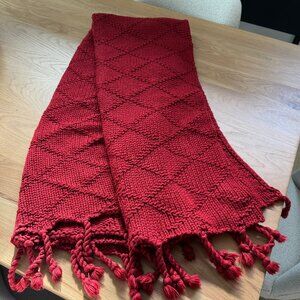 POTTERY BARN Red Acrylic Woven Throw Blanket with Fringe